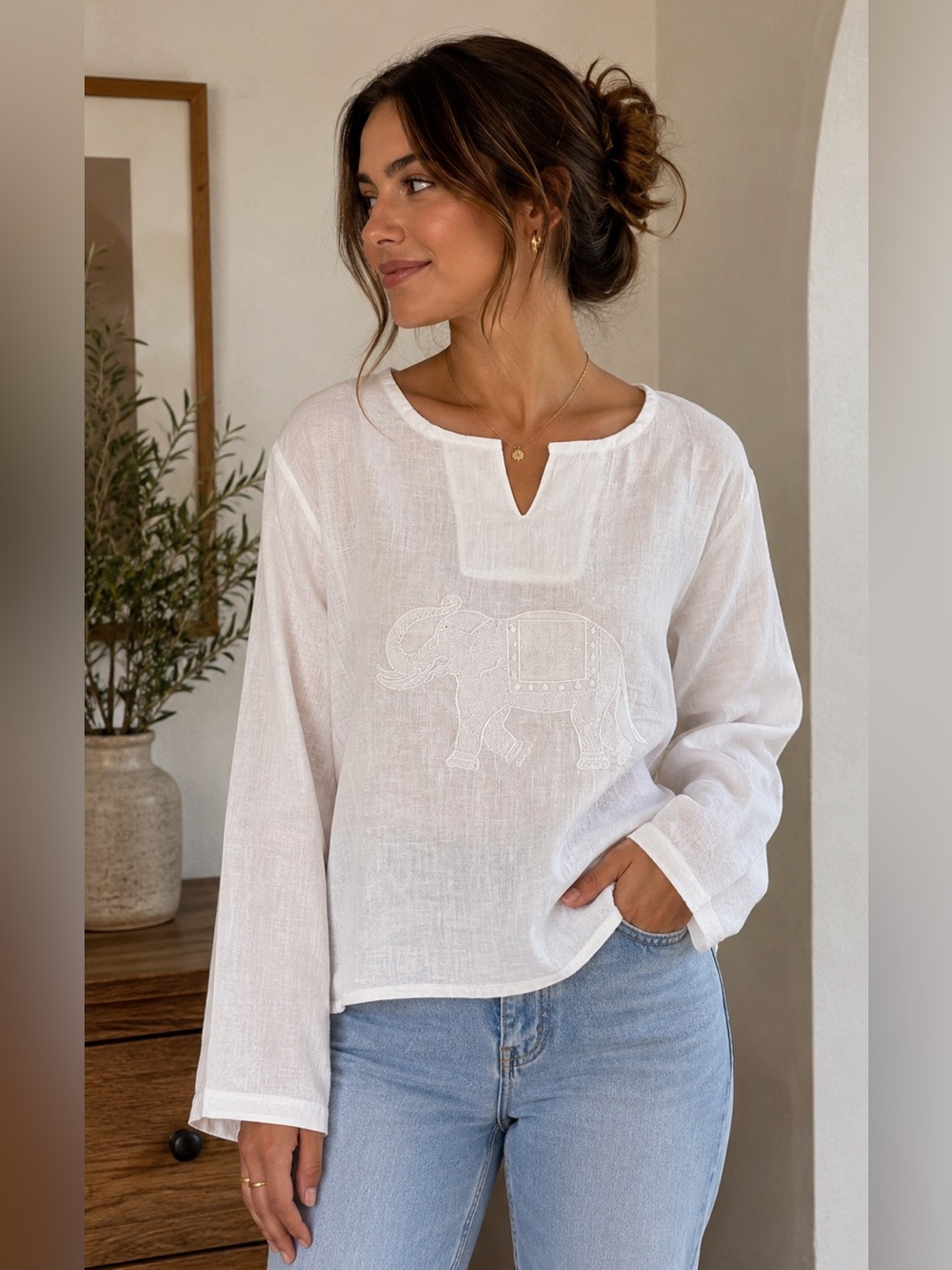 White Cotton Embroidered Elephant Tunic Top